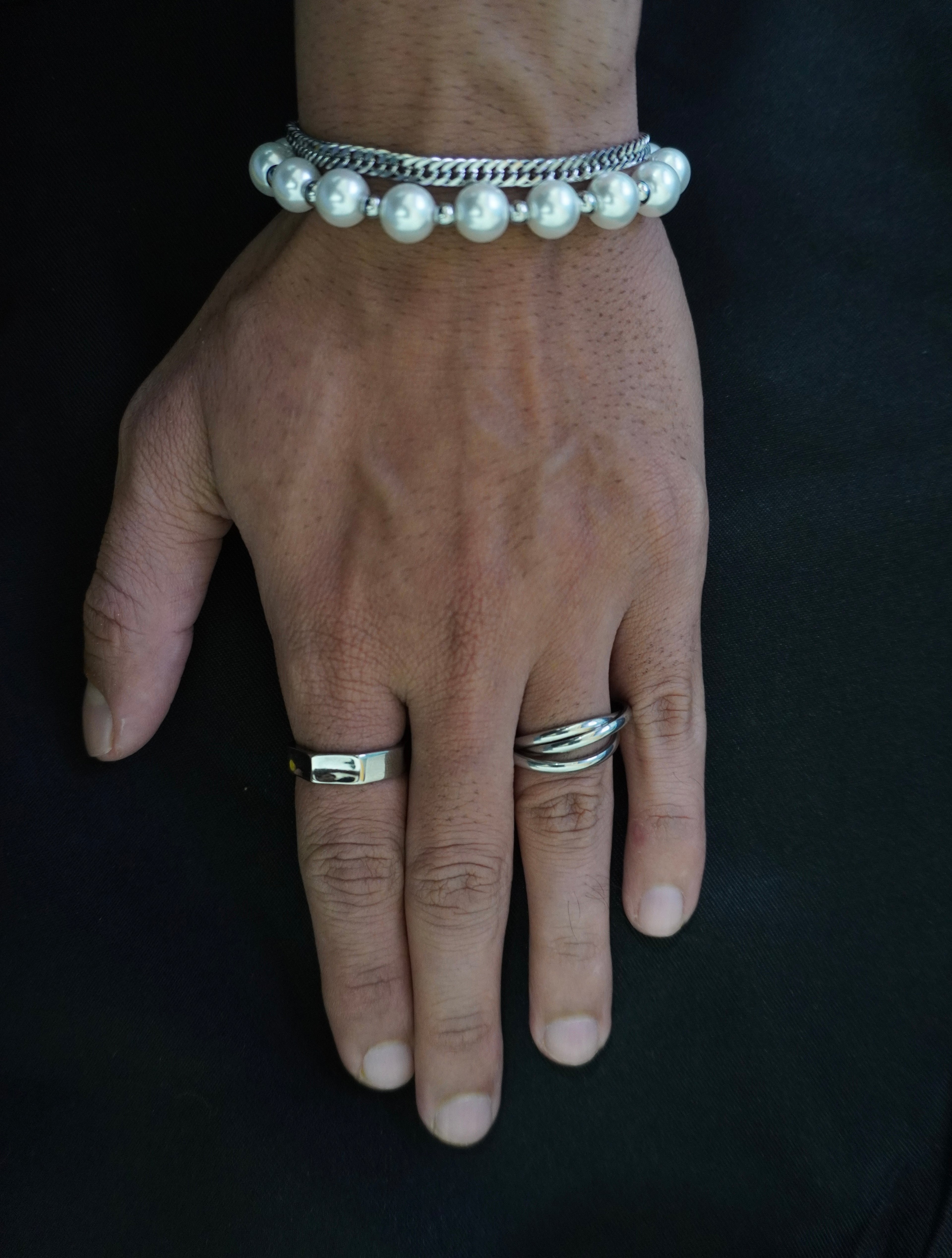 Glass Pearl mixed steel ball Double Layer Cuban Bracelet 16 + 7cm