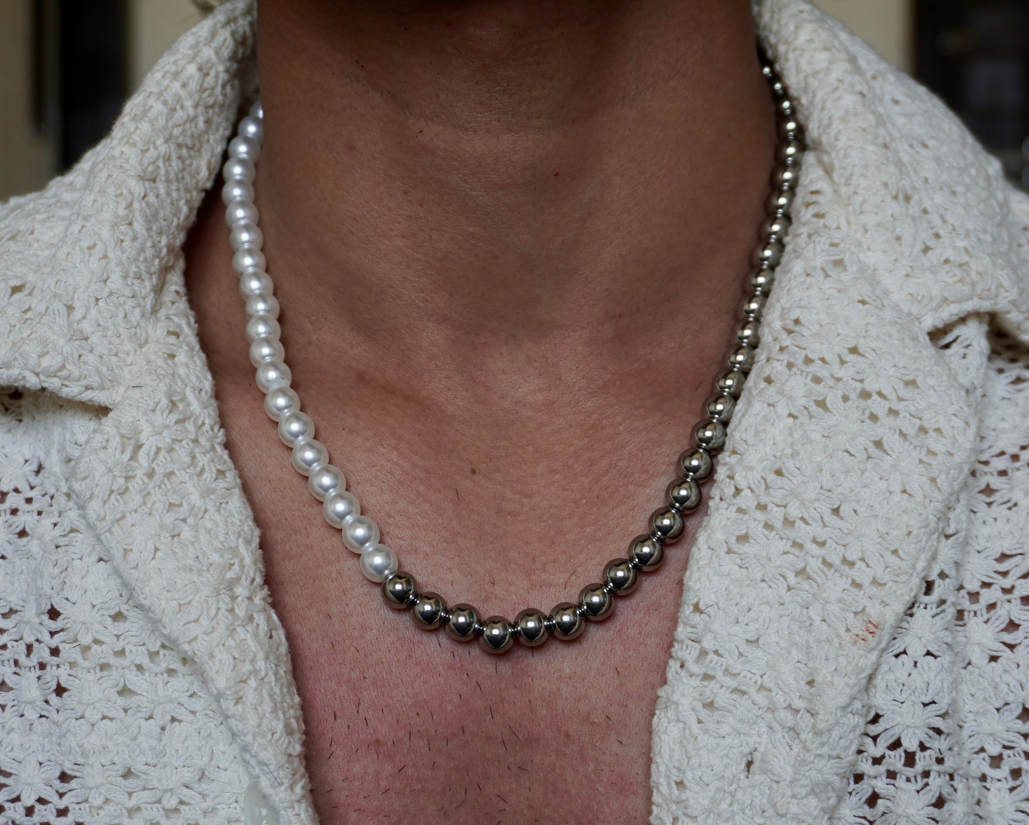 Half Freshwater pearl, Half Steel Ball Necklace Choker