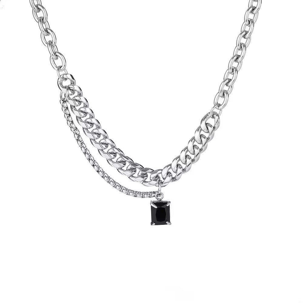 Square Black Zircon Multi-chain Mosaic Pendant Necklace 50cm