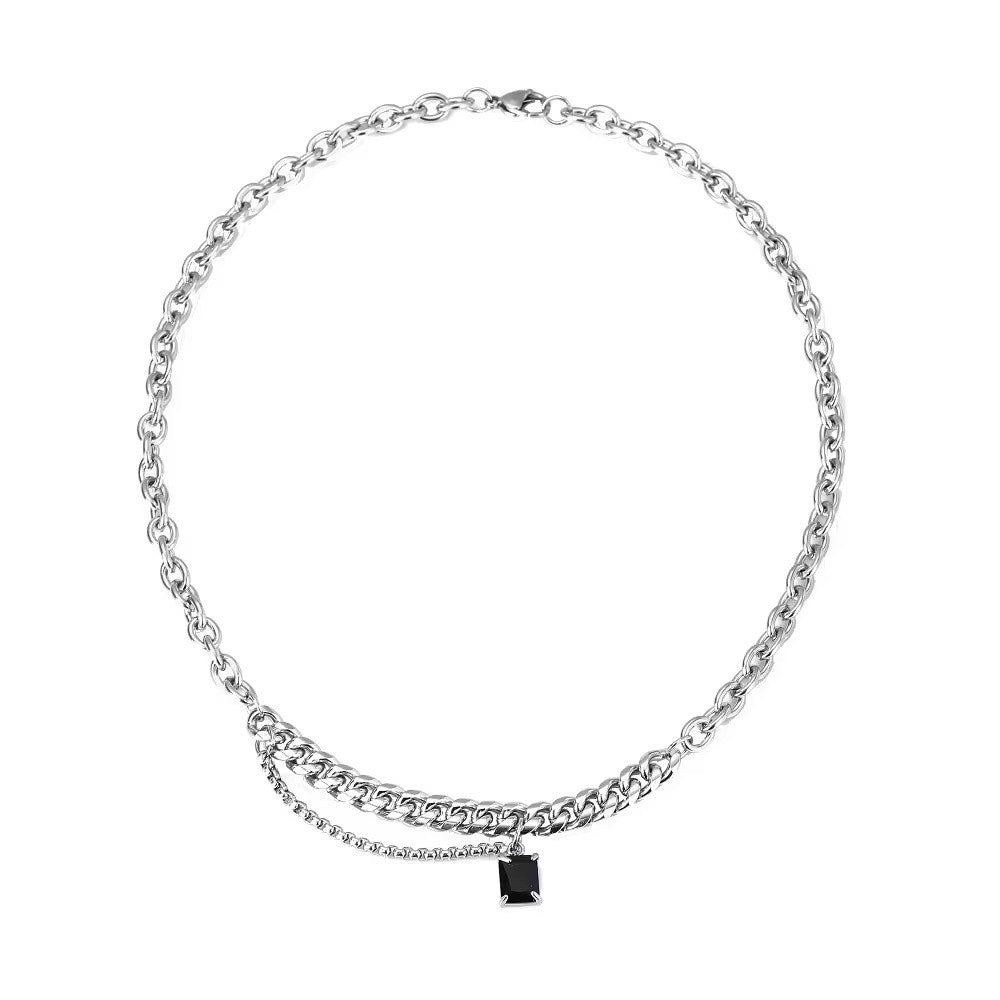 Square Black Zircon Multi-chain Mosaic Pendant Necklace 50cm