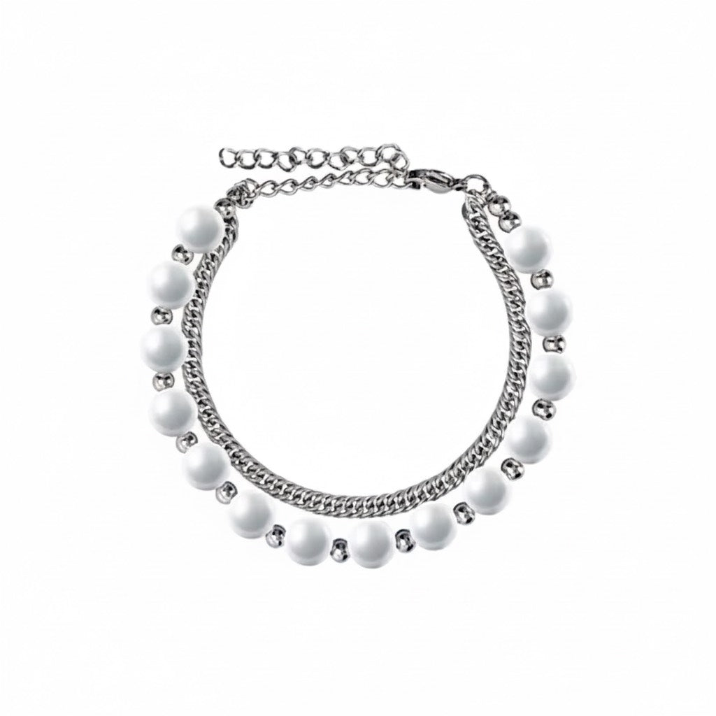 Glass Pearl mixed steel ball Double Layer Cuban Bracelet 16 + 7cm