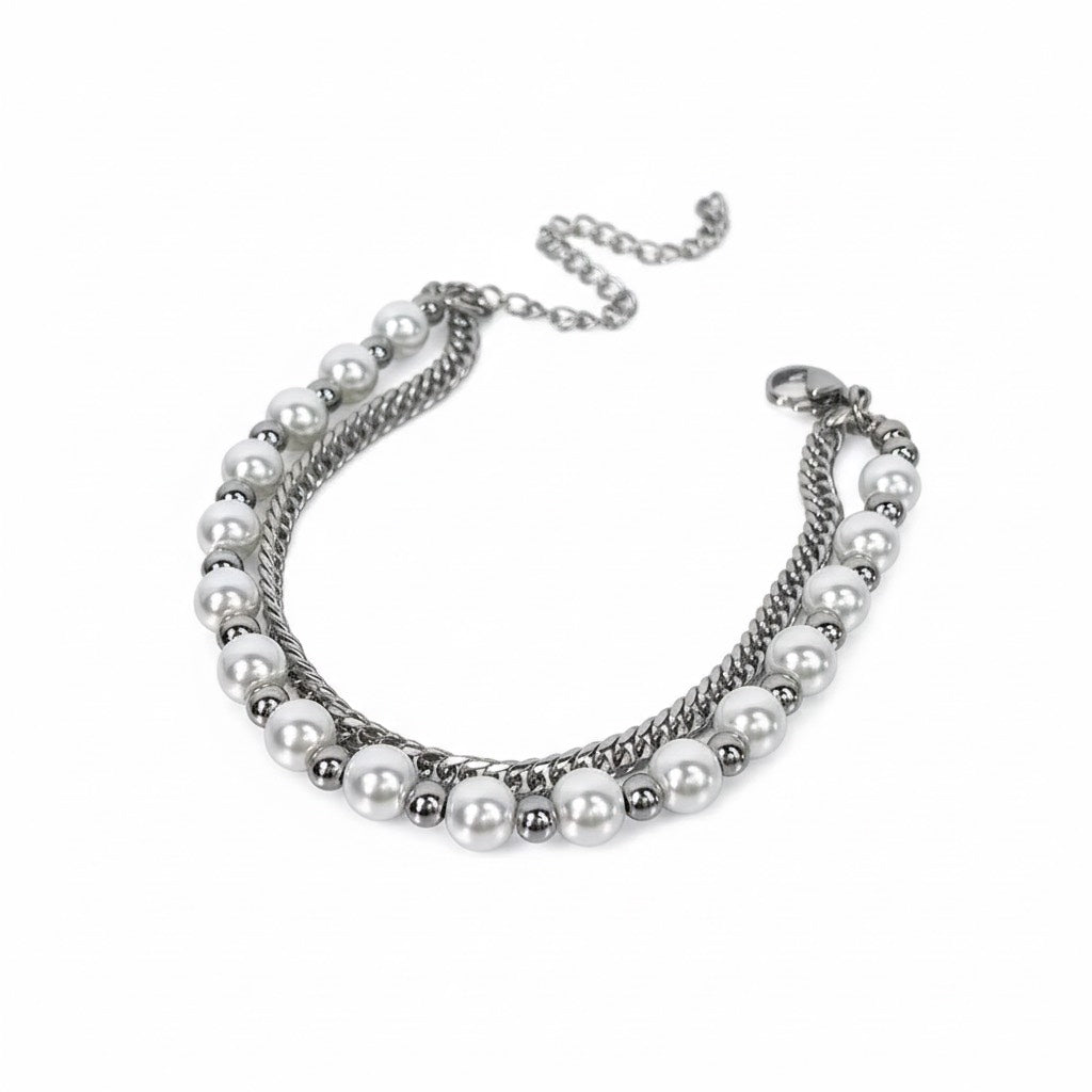 Glass Pearl mixed steel ball Double Layer Cuban Bracelet 16 + 7cm