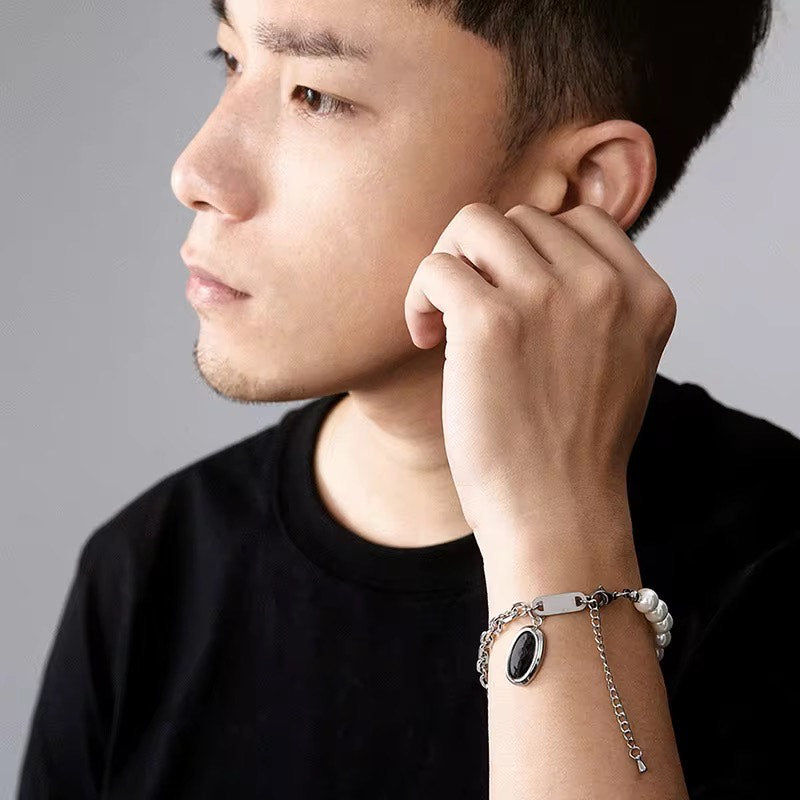 Synthetic Glass Pearl Link Cross Chain Oval Enamel Charm Bracelet