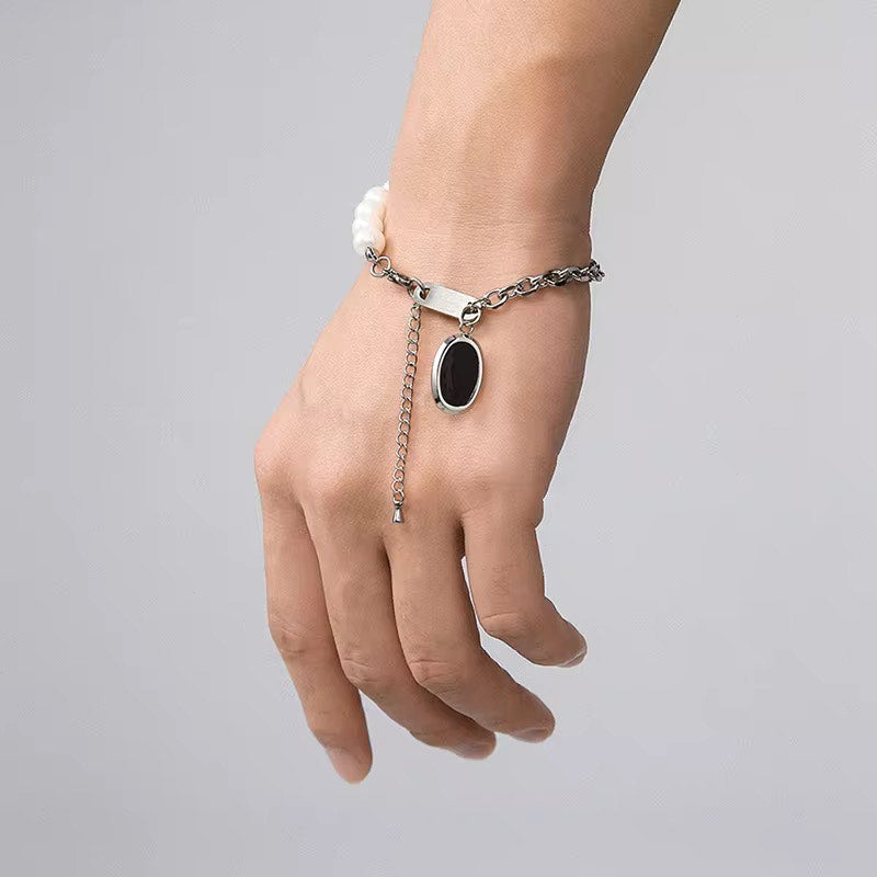 Synthetic Glass Pearl Link Cross Chain Oval Enamel Charm Bracelet