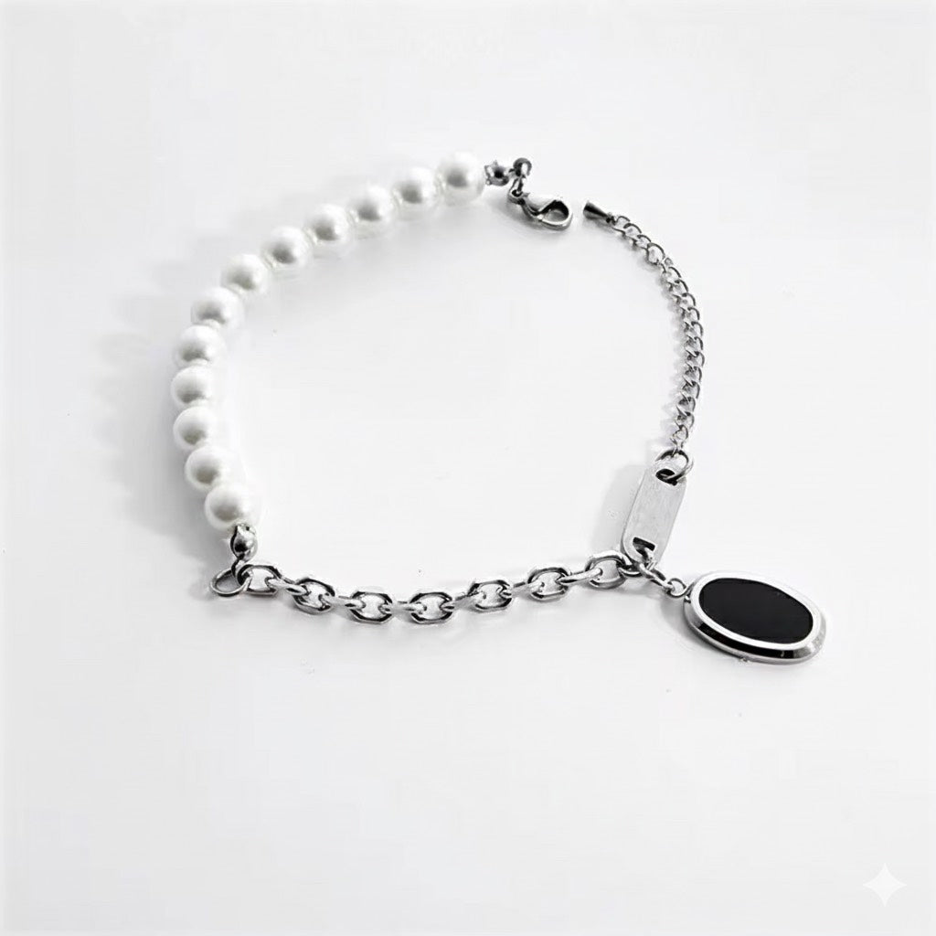 Synthetic Glass Pearl Link Cross Chain Oval Enamel Charm Bracelet