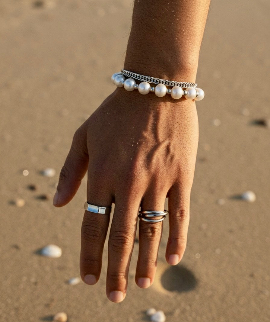 Glass Pearl mixed steel ball Double Layer Cuban Bracelet 16 + 7cm