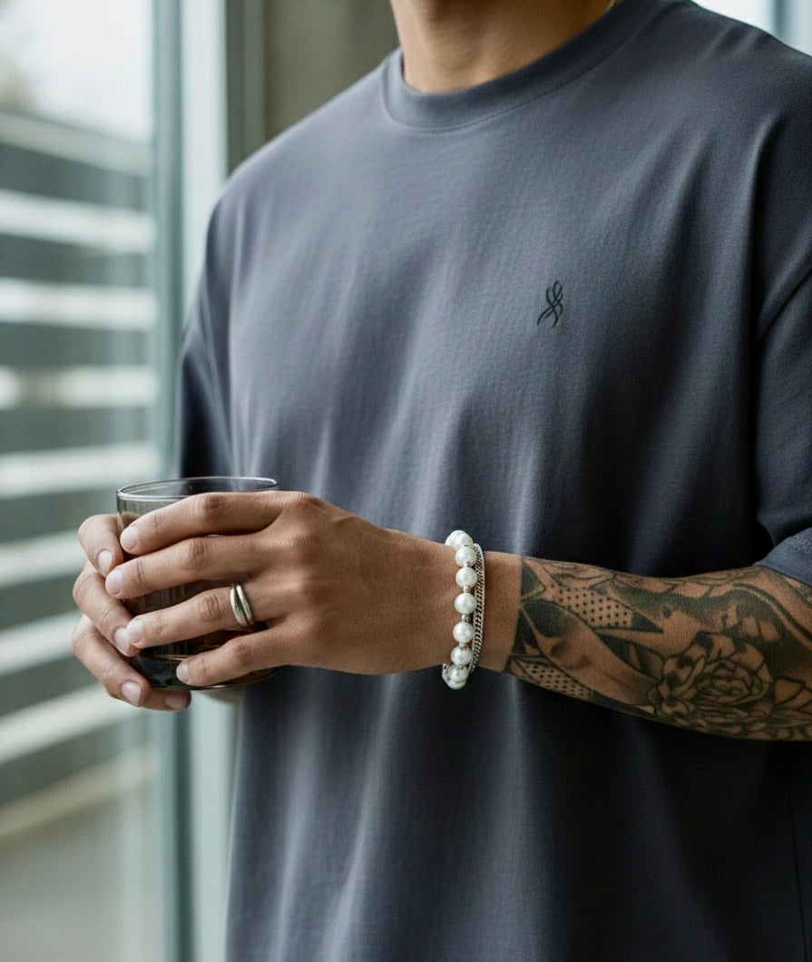 Glass Pearl mixed steel ball Double Layer Cuban Bracelet 16 + 7cm