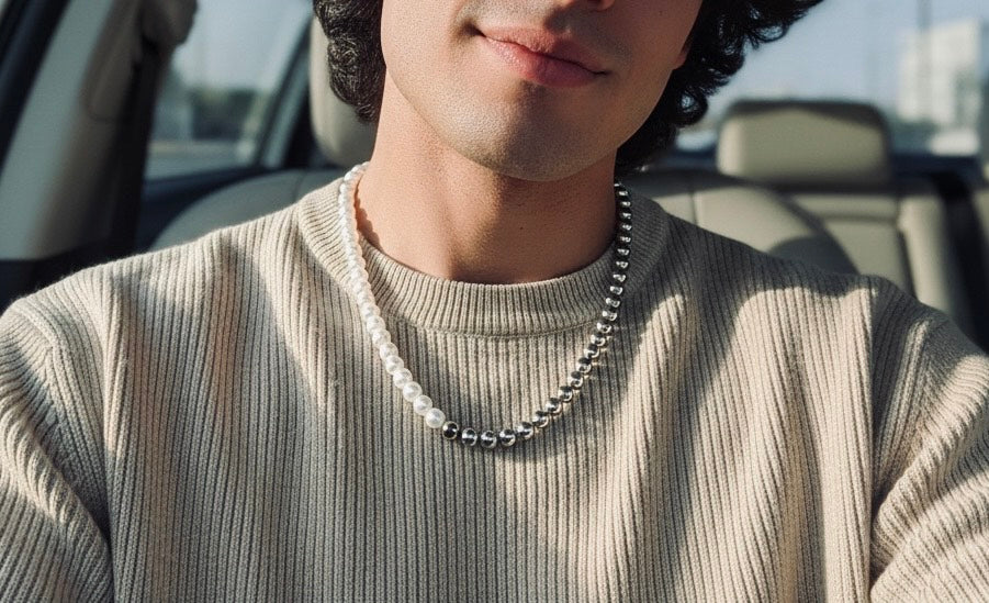 Half Freshwater pearl, Half Steel Ball Necklace Choker